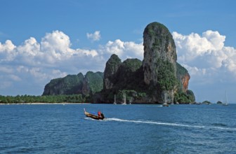 Longtail boat, rocks in the sea, Railay East, two years in front of the tsunami, Krabi, Thailand,