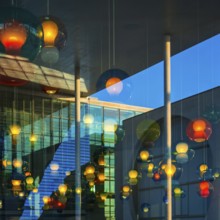 Artistic lamp installation with window reflection of the Marie-Elisabeth-Lüders House, art,