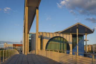 Footbridge with Marie-Elisabeth Lüders House in the evening light on the Spree in the government