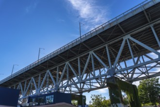 Granville street bridge standing tall against vibrant blue sky, showcasing its impressive steel