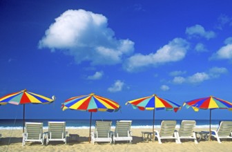 Umbrellas and sun loungers on Karon Beach, two years in front of the tsunami, Ko Phuket, Thailand,