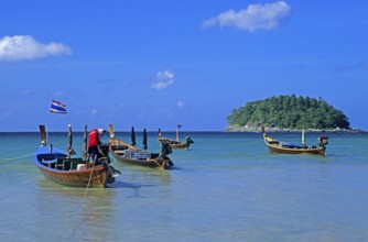 Longtail boats, island, Kata Beach, two years in front of the tsunami, Ko Phuket, Thailand,
