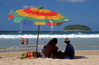 People, parasol, island, Kata Beach, two years in front of the tsunami, Ko Phuket, Thailand,