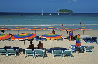 People, umbrellas, boats, island, Kata Beach, two years in front of the tsunami, Ko Phuket,