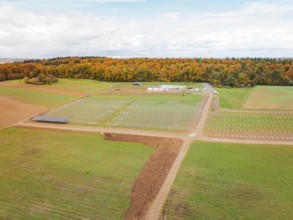 Wide landscape with fields and construction areas for solar systems near forest, energy transition,