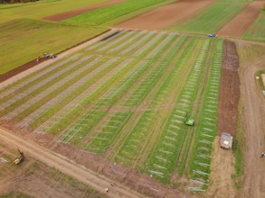 Green field with commencing construction of solar systems, tractors in use, energy transition,
