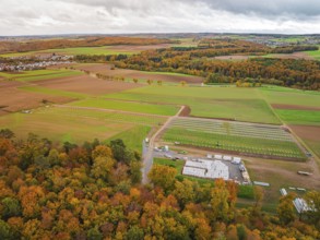 Autumn panorama with colorful foliage, fields and a small village in the distance, Energiewende,