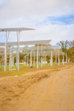 Unpaved road leads past metal structures for solar panels under blue sky, Energiewende,