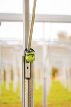 Close-up of a metal structure with headphones attached to a field, Energiewende, construction of PV