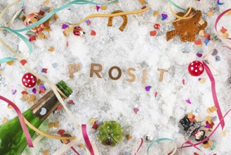 Cheers in the snow surrounded by lucky charms and champagne bottle, New Year's Eve