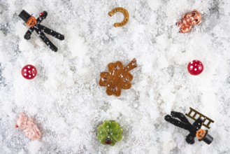 Various lucky charms and decorations on snow, New Year's Eve