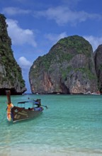 Longtail boat on Maya Bay beach, known from the movie The Beach, one year in front of the tsunami,
