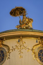 Chinese house in the evening light, tea house with golden sculptures, Sanssouci Park, Potsdam