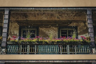 Façade with balcony and flower boxes, Lost Place, Heilstätten Beelitz, Brandenburg