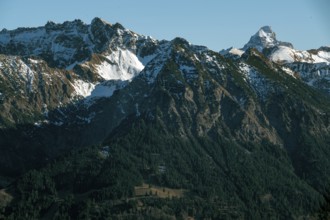View from the high-altitude hiking trail from Bolsterlanger Horn to Riedberger Horn, back mountains