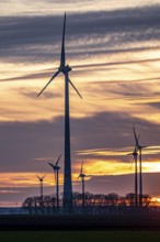 Sunset at Issum wind farm, Lower Rhine, North Rhine-Westphalia, Germany