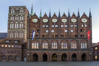 Stralsund medieval town hall, display façade at the Old Market Square, to the left the St. Nicholas