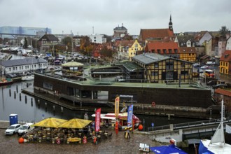 View of the ferry channel and houses of Stralsund Hanseatic City of Stralsund, Vorpommern-Rügen
