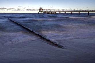 Groes and pier with diving gondola, long exposure, evening light, Zingst, Fischland-Darß-Zingst,