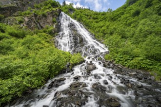 Bridalveil Falls waterfall, canyon, long exposure, Keystone Canyon, Richardson Highway, Alaska, USA