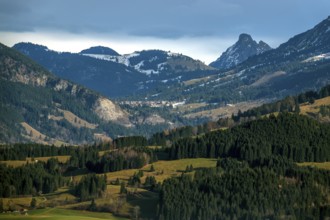 View from Kirwang, of the Allgäu Alps, back middle Oberjoch, back right Rote Flüh, Oberstdorf,