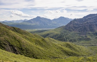 Tundra and mountainous landscape of the Alaska Range, Sable Pass, Denali National Park and