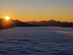 Sunset in the mountains, in the Fog Sea valley, Chiemgau Alps, Upper Bavaria, Bavaria, Germany