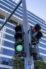 Traffic light at Ernst Reuter Platz in Berlin-Charlottenburg, frog-eye view, Berlin, Germany