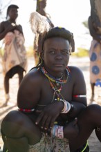 Portrait, brightly decorated woman of the Hakaona tribe, also Havakona or Hakawona, near Opuwo,