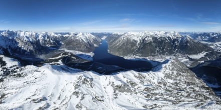 Aerial view, epic view of mountain landscape with snow in winter, summit of Bärenkopf, Achensee,