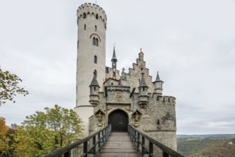 Castle and autumnal forest, Lichtenstein Castle, Honau, Echaz Valley, Swabian Jura,