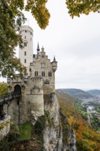 Castle and autumnal forest, Lichtenstein Castle, Honau, Echaz Valley, Swabian Jura,