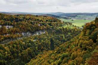 View, panorama of Lichtenstein Castle, Honau, Echaz Valley, Swabian Jura, Baden-Württemberg,