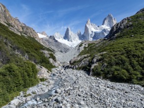 Epic panorama, rocky mountain landscape, glacier and summit of Monte Fitz Roy in the background,