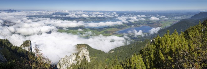 Panorama from Tegelberg, 1881m, of the cloud-covered Forggensee and Bannwaldsee, Ostallgäu,