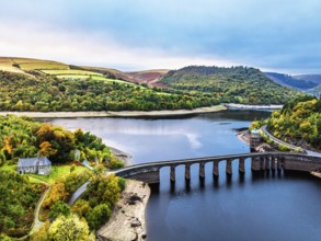 Autumn over Garreg Ddu Dam from a drone, Elan Valley, Caban-Coch Reservoir, Rhayader, Wales, UK