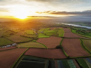 Colours of autumn Fields and Farms over Sheldon from a drone, Torbay, Devon, England, United
