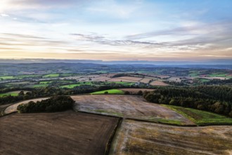 Colours of Devon Farms and Fields over Berry Pomeroy from a drone, Totnes, England, United Kingdom