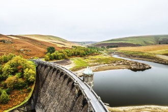 Autumn over Craig Goch Dam from a drone, Elan Valley Reservoirs, Elan Valley, Rhayader, Powys,
