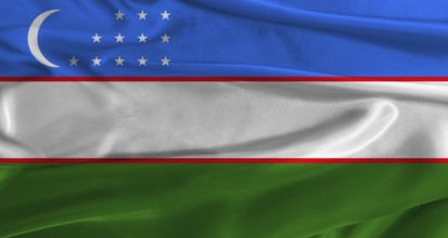 Flag of Uzbekistan with fabric textured background. Close up of National flag of Uzbekistan with