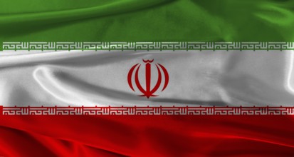 Flag of Iran with fabric textured background. Close up of National flag of Iran with realistic