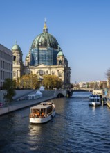 Sightseeing steamers and tourist ships on the Spree at Berlin Cathedral, Germany