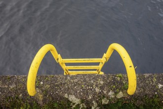 Detailed photo, yellow rescue ladder on the paved waterfront in Berlin-Tegel, Berlin, Germany