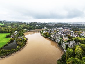 Autumn over Chepstow Castle and River Wye from a drone, Chepstow, Monmouthshire, Wales, UK