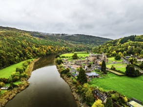 Autumn over Wye Valley and River Wye from a drone, Tintern, Chepstow, Monmouthshire, Wales, UK