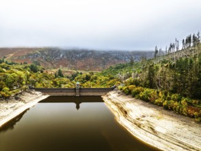 Pen y Garreg Dam and Reservoir from a drone, Elan Valley, Rhayader, Powys, Wales, UK