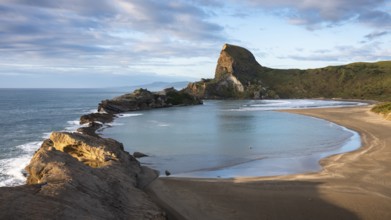 Deliverance Cove and Castle Rock, rocks, ocean, surf, morning. Castlepoint, Wairarapa Coast,