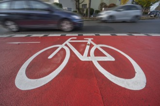 Car passing by the marked bicycle path, Röthebach, Mittelfranken, Bavaria, Germany