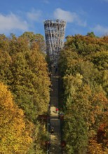 View of the Jübergturm with the stairway in Sauerlandpark in autumn, Hemer, Märkischer Kreis,