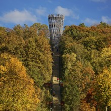View of the Jübergturm with the stairway in Sauerlandpark in autumn, Hemer, Märkischer Kreis,